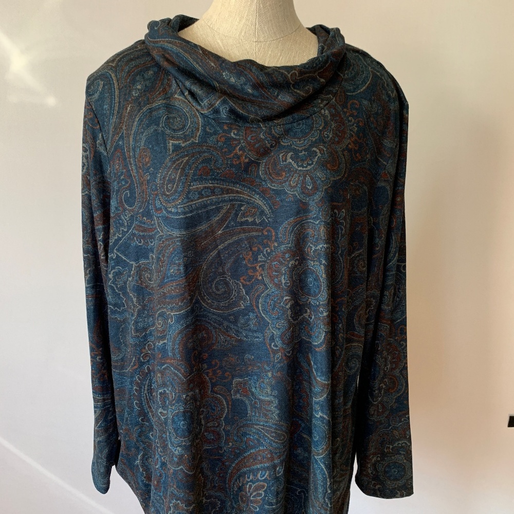 Chico's Navy Blue Gray Brown Paisley Cowl Neck 3